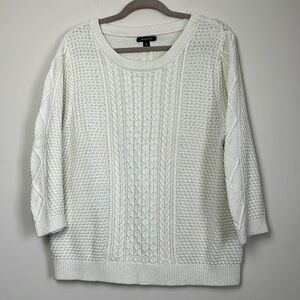 LAND’S END Ivory Cable Knit 3/4 Sleeve Round Crew Neck Sweater Size XL